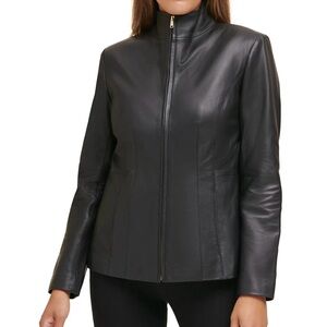 Elie Tahari genuine leather jacket structured funnel neckline size 8 dark brown
